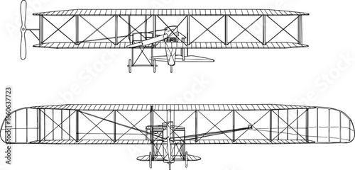 Wright Flyer aircraft with side and top views, showcasing historic aviation design, wing structure, tail layout, and propeller mechanism
