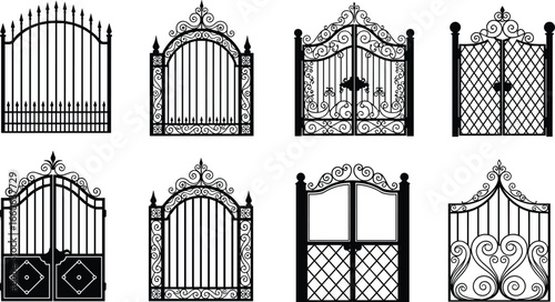 Wrought iron gate collection, decorative metal fence designs, CAD vector drawing, elegant entrance styles, architectural artwork, ornamental scrollwork, security features, illustration