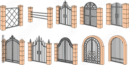 Wrought iron gates, ornate patterns, decorative metal fence, vector illustration, entrance design, stylish gate styles, elegant gate architecture, artistic CAD detail