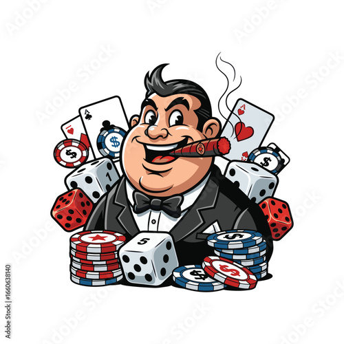 Cartoon illustration of a wealthy gambler surrounded by poker chips, playing cards, and dice.