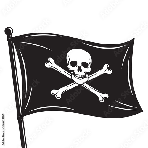 A black pirate flag billows, displaying a skull and crossbones.