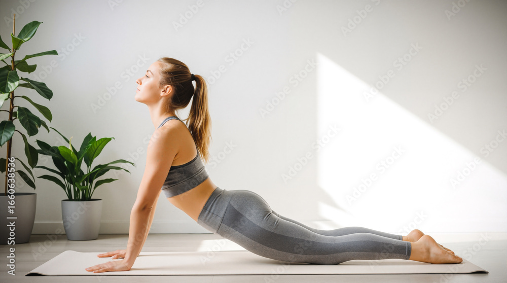 Fototapeta premium Woman doing upward-facing dog yoga pose at home