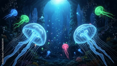 Bioluminescent jellyfish illuminate a vibrant underwater cave with light streaming from an overhead opening