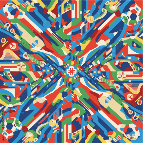 Abstract kaleidoscope of fragmented national flags, vibrant colors, global unity theme.