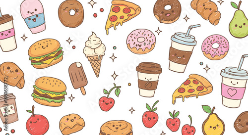 Cute hand-drawn vector seamless pattern with various kawaii fast food and snack items like burgers, donuts, and ice cream on a pink background.