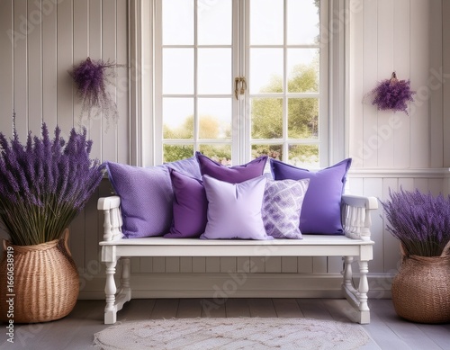 shabby chic interior design with lavender and purple pillows decorating white bench