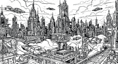 Highly detailed hand-drawn vector illustration of a futuristic cityscape with flying vehicles and towering buildings, ideal for a science fiction coloring book.