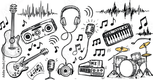 Collection of hand-drawn vector doodles depicting musical instruments and equipment like guitars, drums, microphones, and headphones, with sound waves and musical notes.