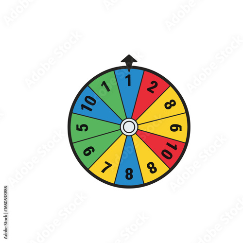 A colorful game spinner wheel with ten numbered sections in red, yellow, green, and blue, with an arrow pointing to one.