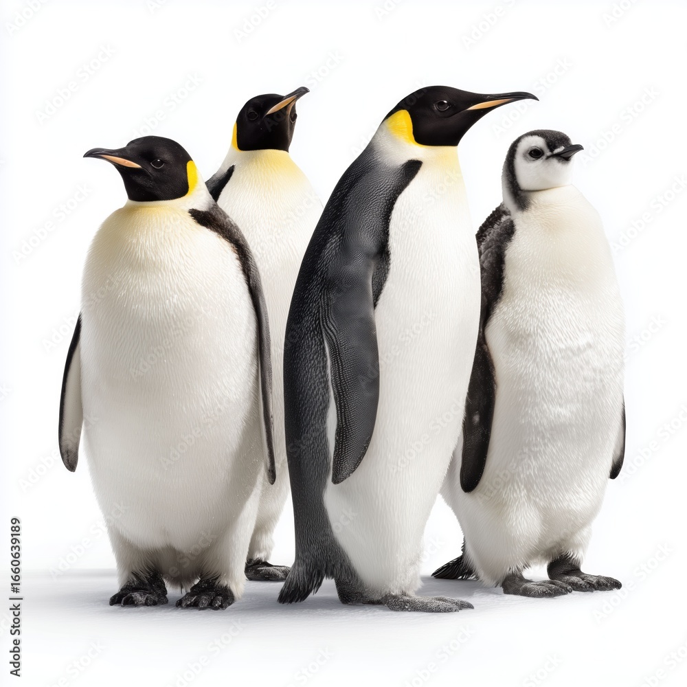 Fototapeta premium Four Emperor Penguins in a Row , white background cut out PNG
