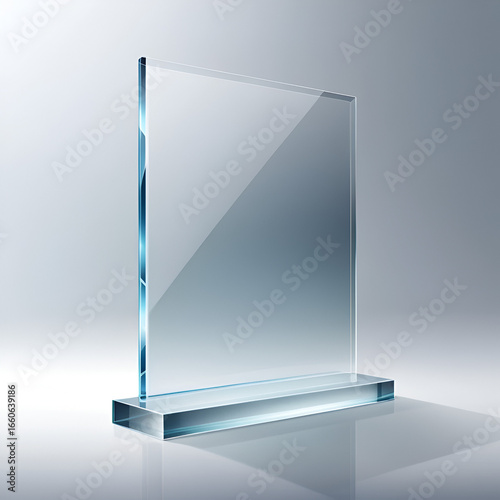 Glass shield realistic vector illustration. Blank transparent white acrylic glass panel with reflection and glow, award trophy or certificate template, front side view isolated on checkered background