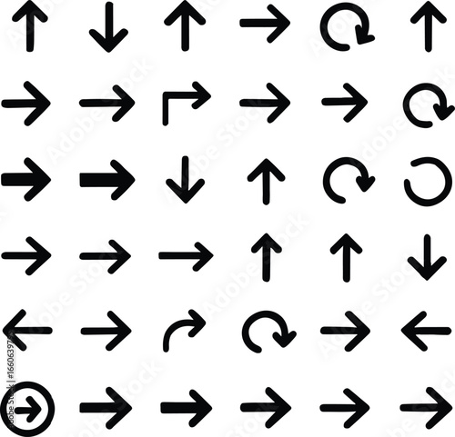 Essential Arrow Icon Collection for UI/UX Design vector illustration set, Vector illustration set Collection of various modern and minimalist arrow icons. Ideal for websites and apps.