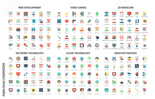 Collection of 180 simple flat icons covering web development, video games, 3D modeling, network, cloud technology, and creative process for digital projects isolated vector illustration