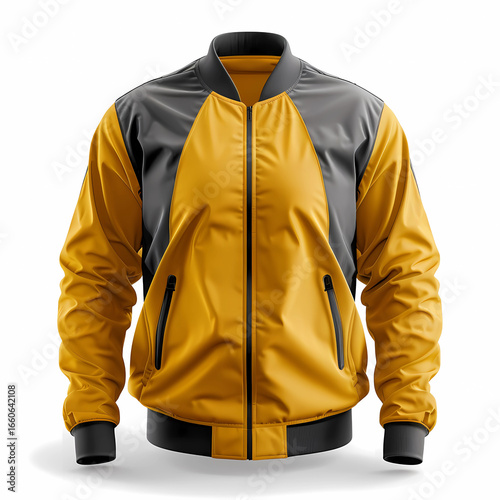 A stylish two-tone yellow and grey bomber jacket with a zipper, presented on a clean white background.