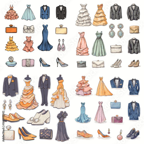Elegant hand-drawn wedding and formal fashion illustration featuring suits, gowns, shoes, jewelry, and accessories. Perfect for bridal design, event invitation, or luxury lifestyle projects.