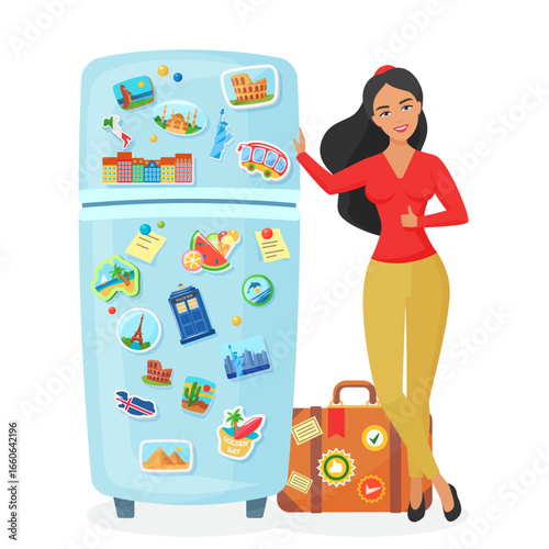 Traveler young pretty woman showing fridge with souvenir famous places magnets flat vector illustration. Travel agency concept.