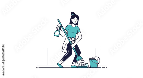 Woman cleans home with mop and spray, happy cleaning routine