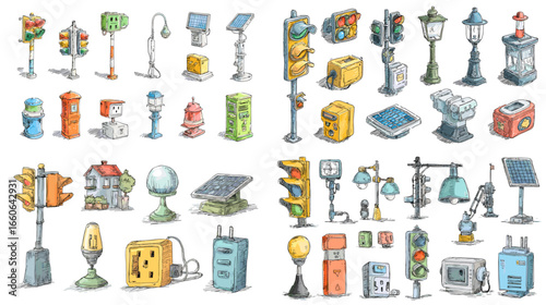 Set of colorful hand-drawn urban street objects such as traffic lights, street lamps, hydrants, and mailboxes. City element illustration ideal for architecture, urban design, or map projects.