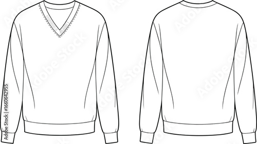 Blank V-neck sweatshirt front and back vector template, long sleeve pullover mockup, fashion flat sketch for apparel design use