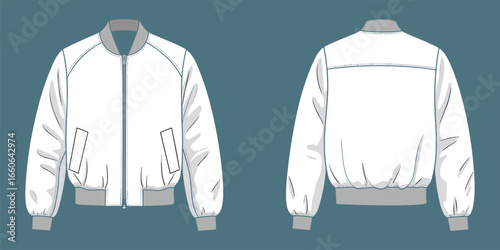 Bomber jacket flat sketch, front and back view CAD drawing, fashion outerwear vector template, ribbed cuffs waist collar design