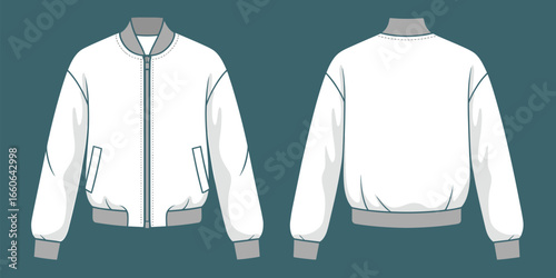Bomber jacket flat sketch, front and back view CAD drawing, fashion outerwear vector template, ribbed cuffs waist collar design
