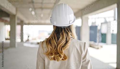 Woman in hardhat walking through unfinished building