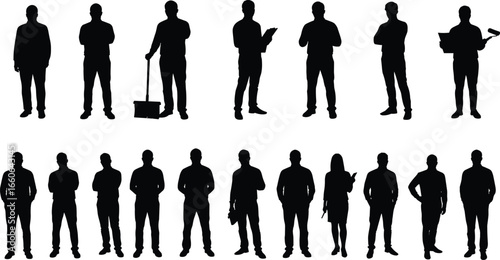 Business and worker silhouettes standing, holding tools, working, casual and formal pose, male and female figures, vector illustration, team concept
