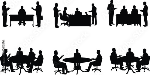 Business meeting silhouette vector, office teamwork discussion, professional collaboration, people talking at desk, roundtable conference, group workplace communication