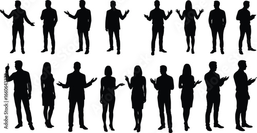 Business people silhouette vector set, professional man and woman gestures, corporate office pose, black figure illustration, team communication concept