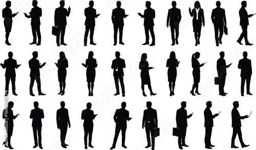 Business people silhouette vector set, corporate professionals, office workers, team communication, modern workforce, standing poses