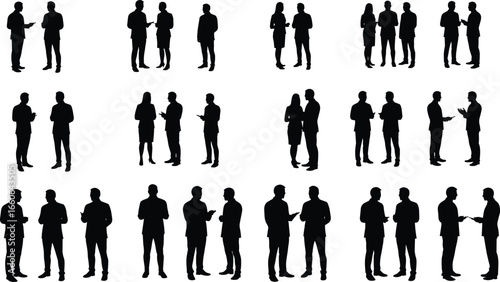 Business people talking, discussing ideas, group conversation, teamwork communication, silhouette office scene, professional interaction, corporate discussion, vector illustration