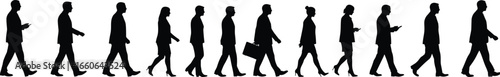 Business people walking silhouette vector, office workers moving in line, teamwork concept, crowd motion design, black human icons