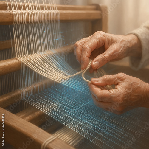 alte Hände verweben bunte, leuchtende Fäden am traditionellen Webstuhl