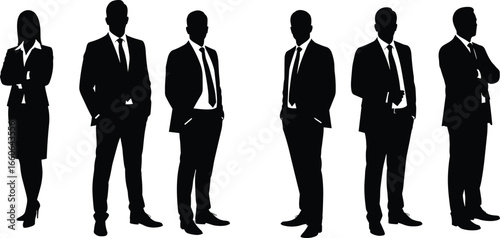 Business professionals standing in a row, male and female silhouettes in formal suits, leadership, teamwork, corporate vector illustration