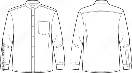 CAD drawing flat vector illustration of long sleeve mandarin collar shirt, front and back view, technical fashion design sketch