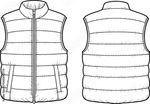 CAD drawing flat vector illustration of padded puffer vest front and back view, sleeveless winter outerwear, fashion design sketch