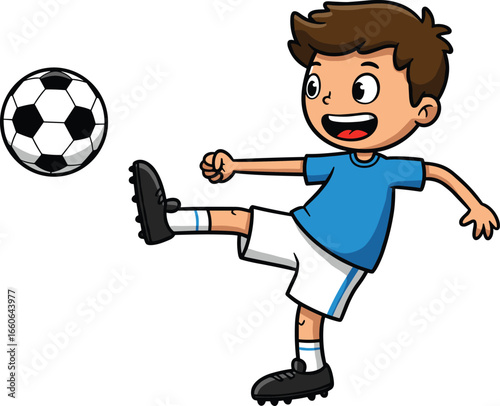 Cartoon boy playing soccer, happy kid kicking football, sports activity, children game, isolated vector illustration