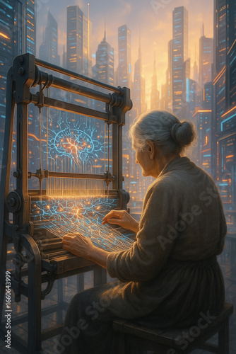 ältere Frau am Webstuhl mit Energie-Licht in futuristischer Stadt)