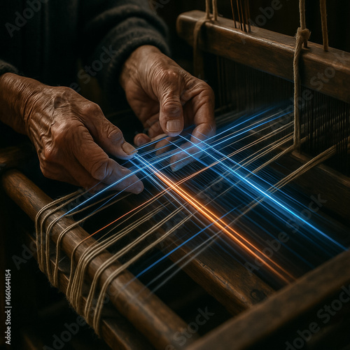 alte Hände verweben bunte, leuchtende Fäden am traditionellen Webstuhl