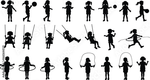 Children playing silhouette set, girls jumping rope, using hula hoop, on swing, with ball, outdoor fun vector illustration