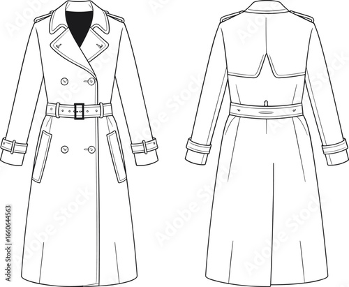 Classic trench coat flat sketch, belted double-breasted coat with epaulettes and storm flap, fashion CAD front and back view