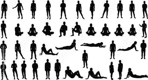 Collection of human silhouettes in various poses, standing, sitting, laying down, relaxing, thinking, meditating, walking, vector people illustration