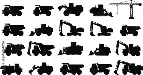 Construction vehicles vector set, heavy machinery equipment silhouette, excavators, dump trucks, bulldozers, crane icons, industrial transport illustration