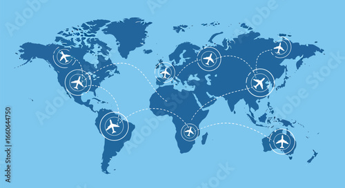 Vector art of world map showing global flight routes connecting continents and cities