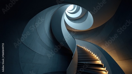 Abstract architectural spiral staircase with light and shadow design