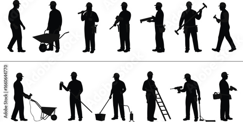 Construction worker silhouettes using tools, carrying equipment, performing labor tasks, ideal for industrial, building, repair, vector illustrations, and job-related themes
