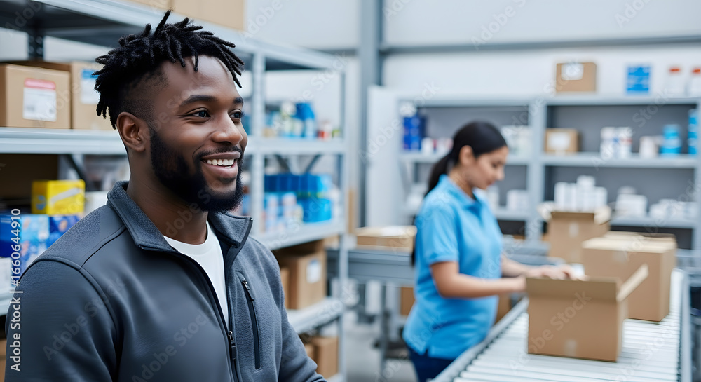 Optimistic Man Smiles in Warehouse Setting with Colleague Packing Orders for Shipment Optimistic Man Smiles in Warehouse Setting with Colleague Packing Orders for Shipment