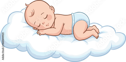 Cute baby sleeping on cloud, peaceful infant nap, adorable newborn illustration, cartoon baby rest, soft dreamy baby vector artwork