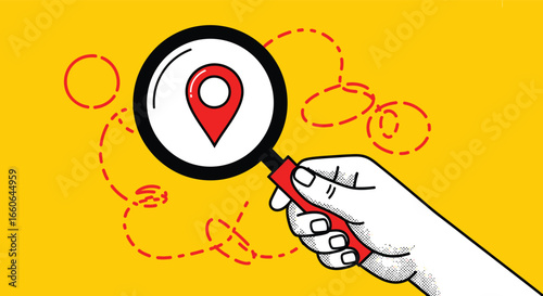 Location search concept with hand holding magnifying glass over map pin, navigation and discovery illustration, yellow background EPS vector