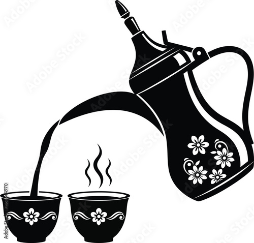 Vector art of traditional arabic coffee dallah pouring into cups